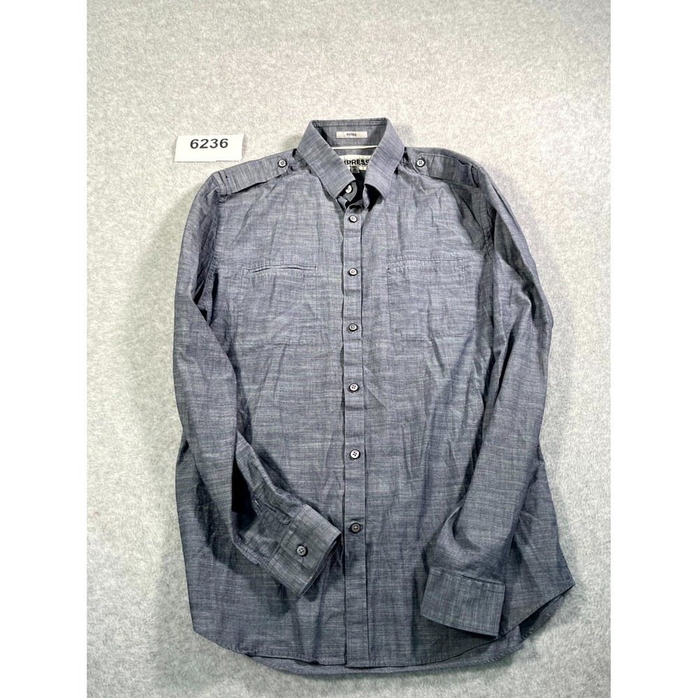 Express Shirt Mens Medium Gray Cotton Fitted Collared Button Up Long Sleeve